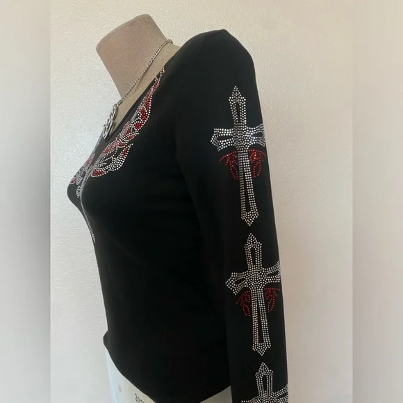 Black Long-sleeve Top with Red & Silver Rhinestones Cross & Wings Design - Picture 2 of 4